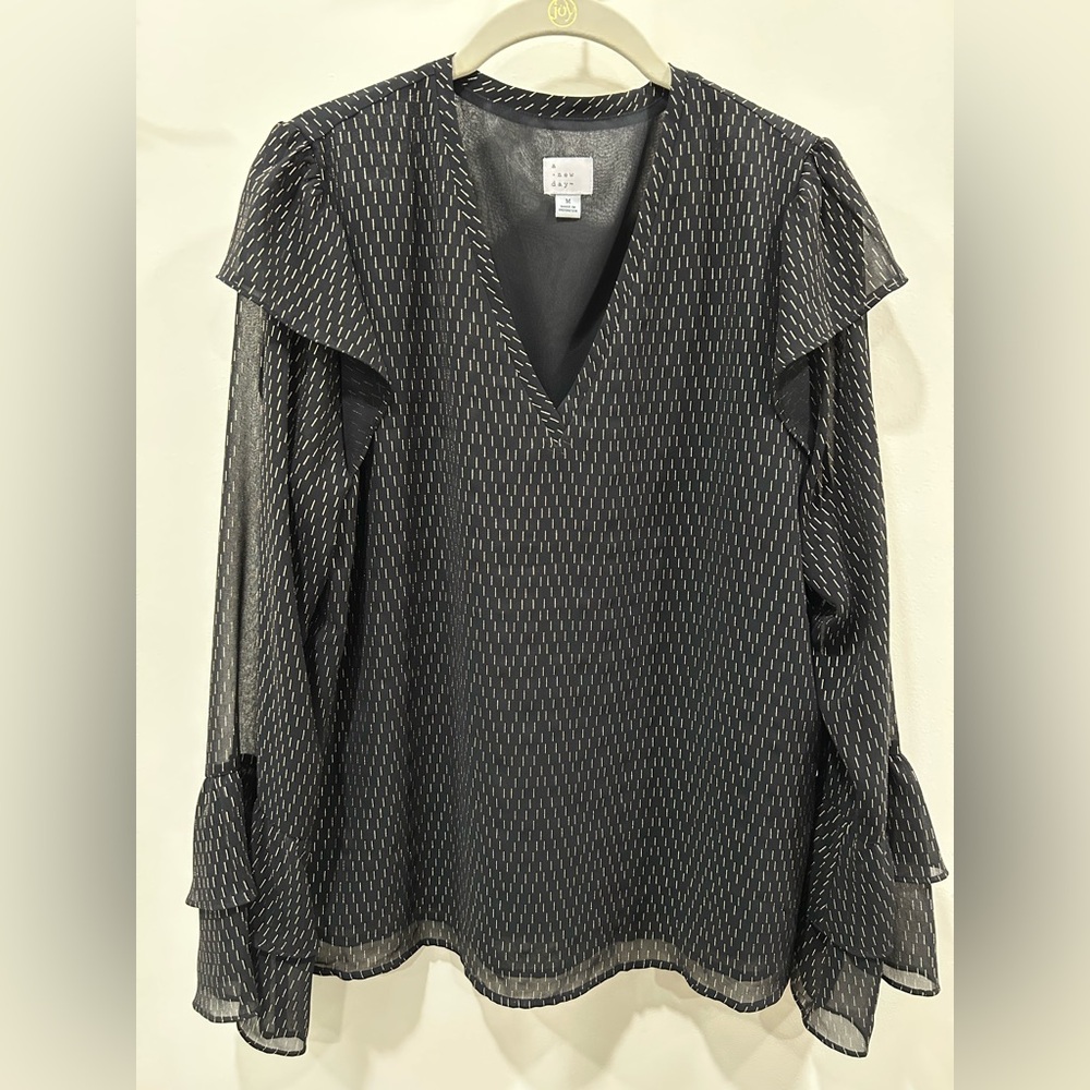 a new day Black with Gold Patterned V-Neck Blouse